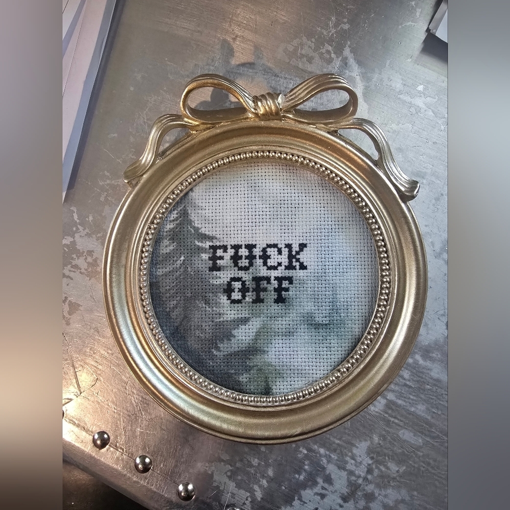 Fu** Off Cross Stitch Gold Bow Frame
